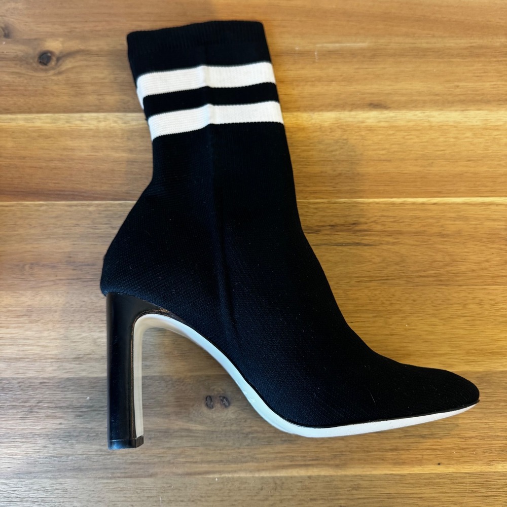 Rag & Bone Ellis Women 6 EU 36 Black Knit Sock Boot White Stripe Pointy Toe Heel